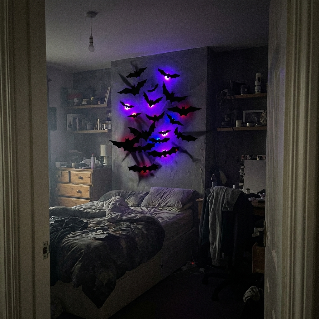 Glow Bats glowing purple in a dark bedroom doorway view