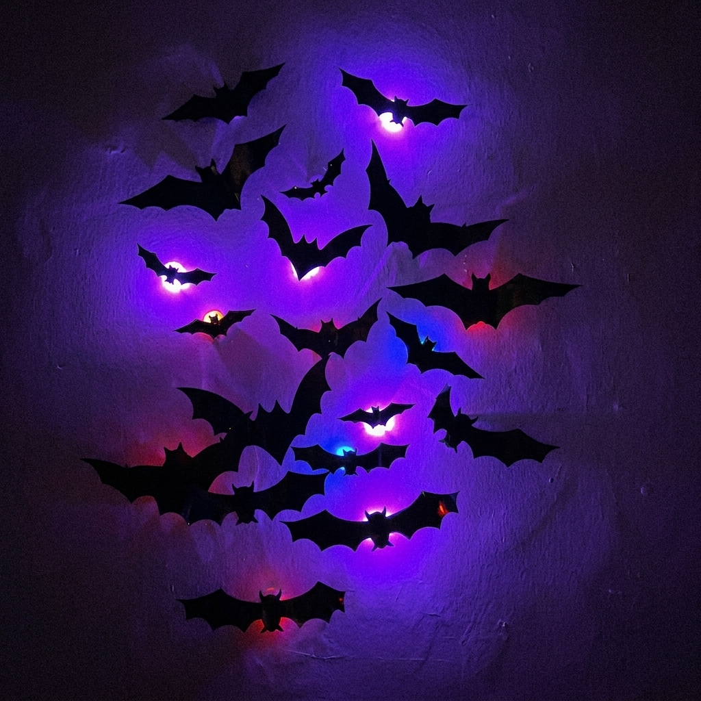 Close-up of glowing purple 3D bats on a wall