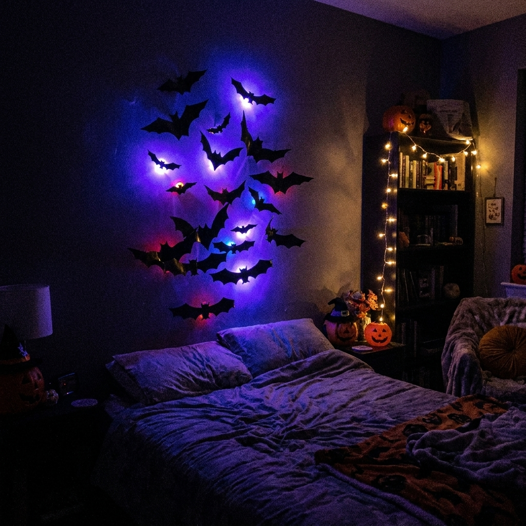 Glow Bats glowing above a bed at night