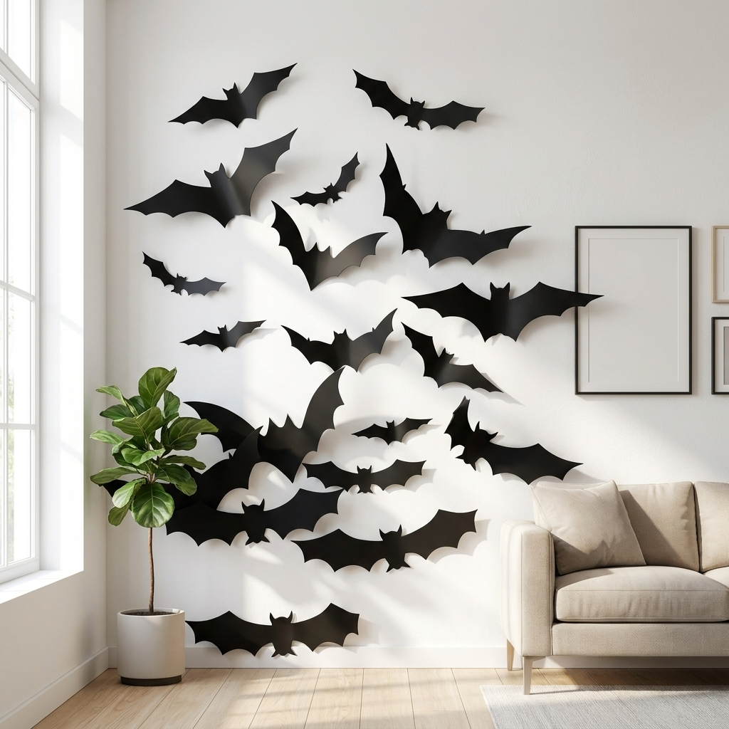 3D black bats on a bright white wall in daylight