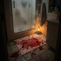 Color-changing bloody bath mat in front of shower
