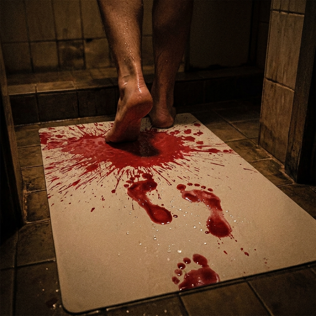 Wet feet stepping off bloody bath mat