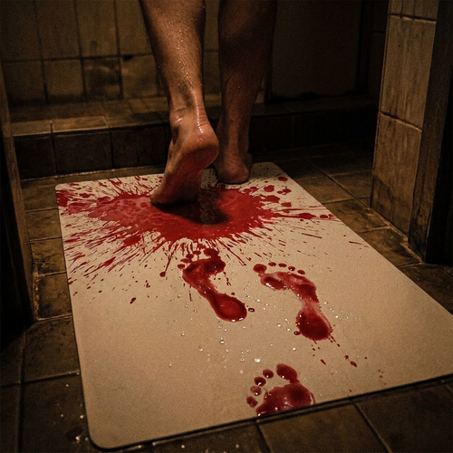 Wet feet stepping off bloody bath mat