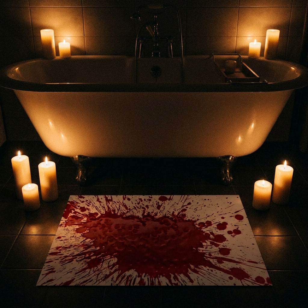 Bloody bath mat by candlelit bathtub