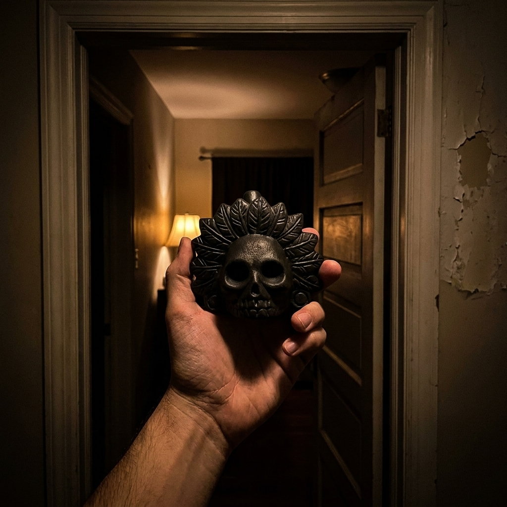 Raising the haunted whistle in a dark doorway to prank