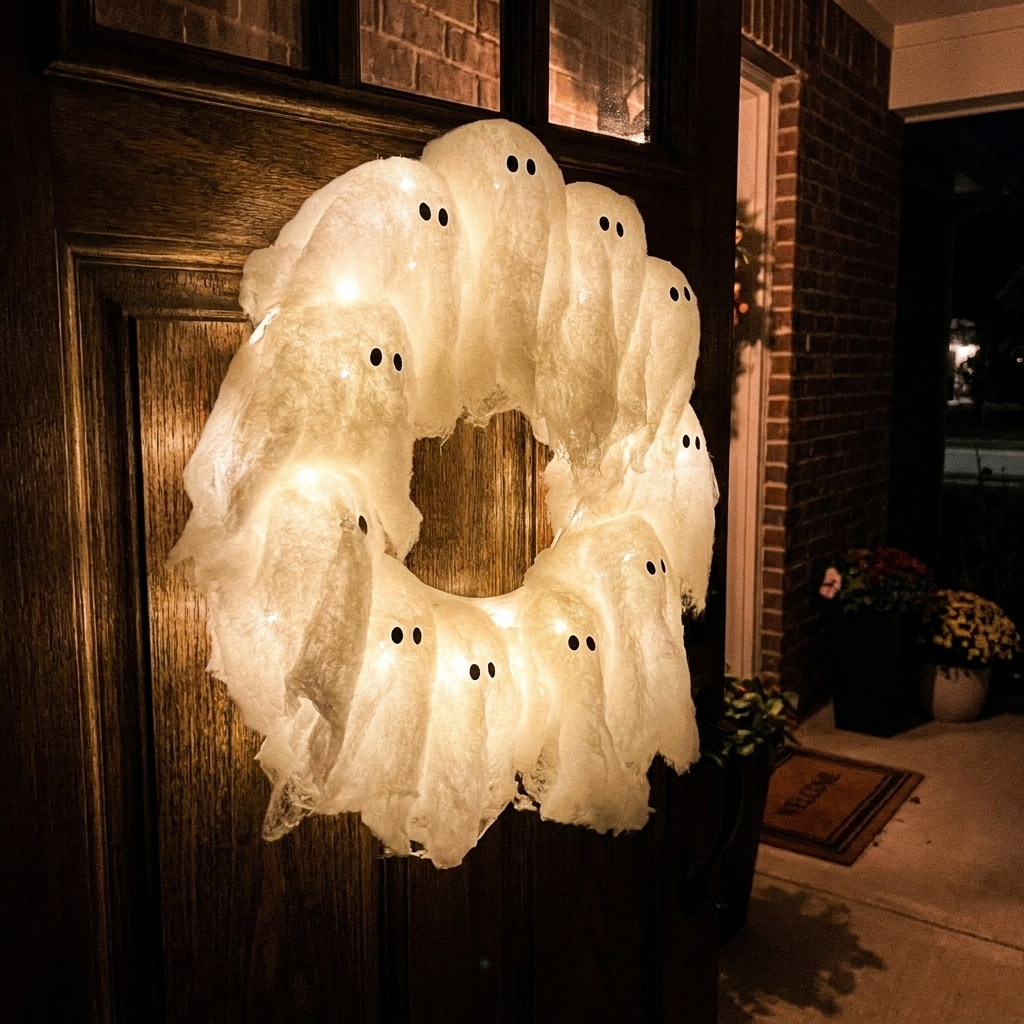Ghost wreath glowing on a door at night
