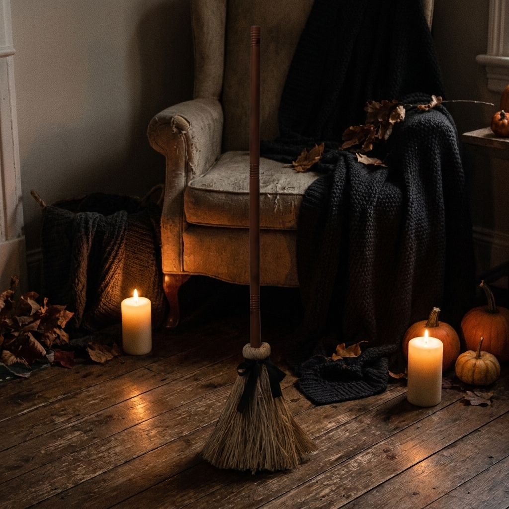 Standing witch's broom in a candlelit corner