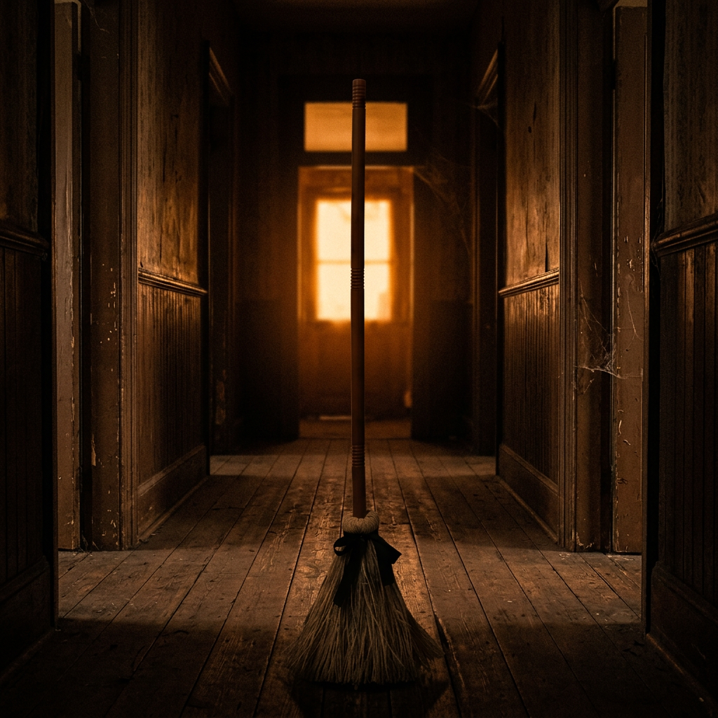 Upright witch's broom decoration in a dark hallway