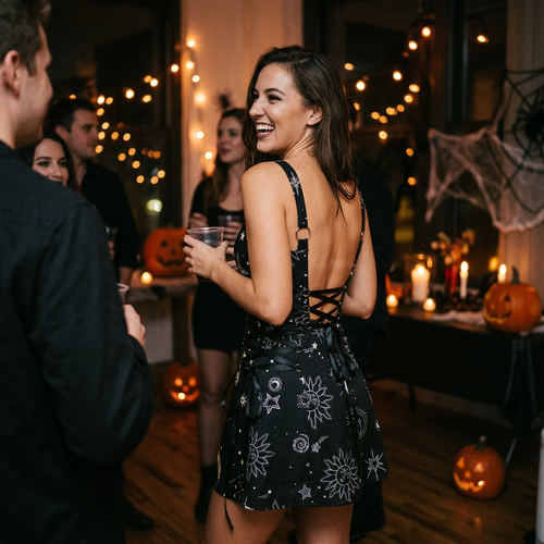 Woman wearing the Halloween backless mini dress at a night party