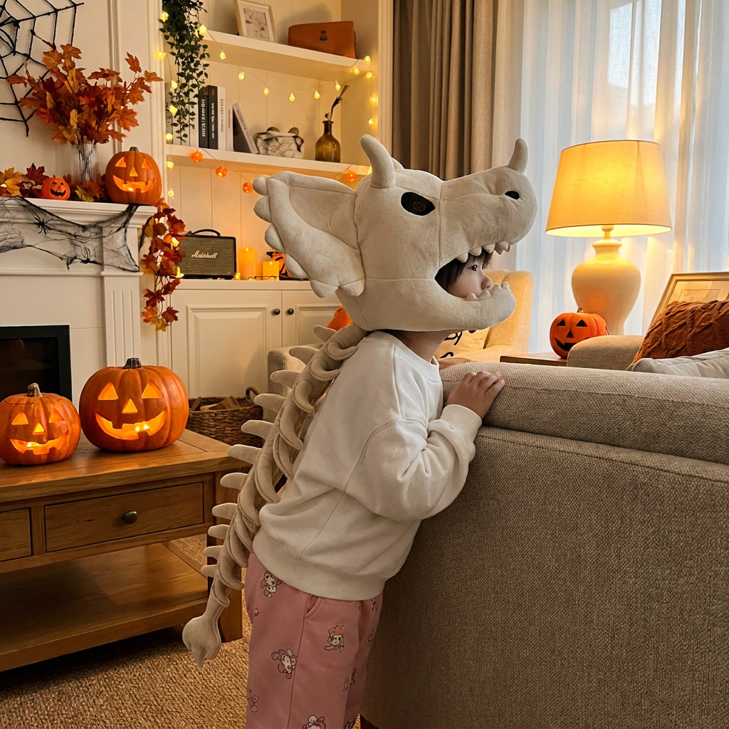 Person wearing the white triceratops plush head hood