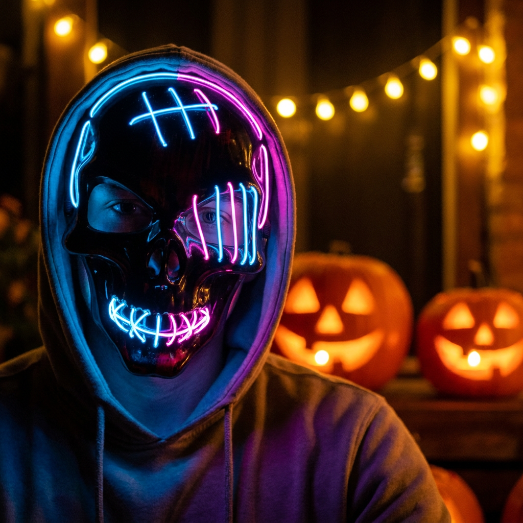 Close-up of the glowing LED skull mask at night