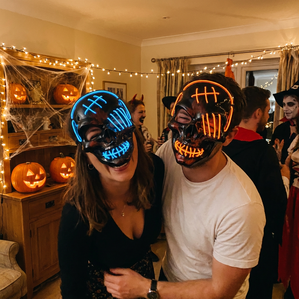 Two friends wearing glowing LED skull masks at a party