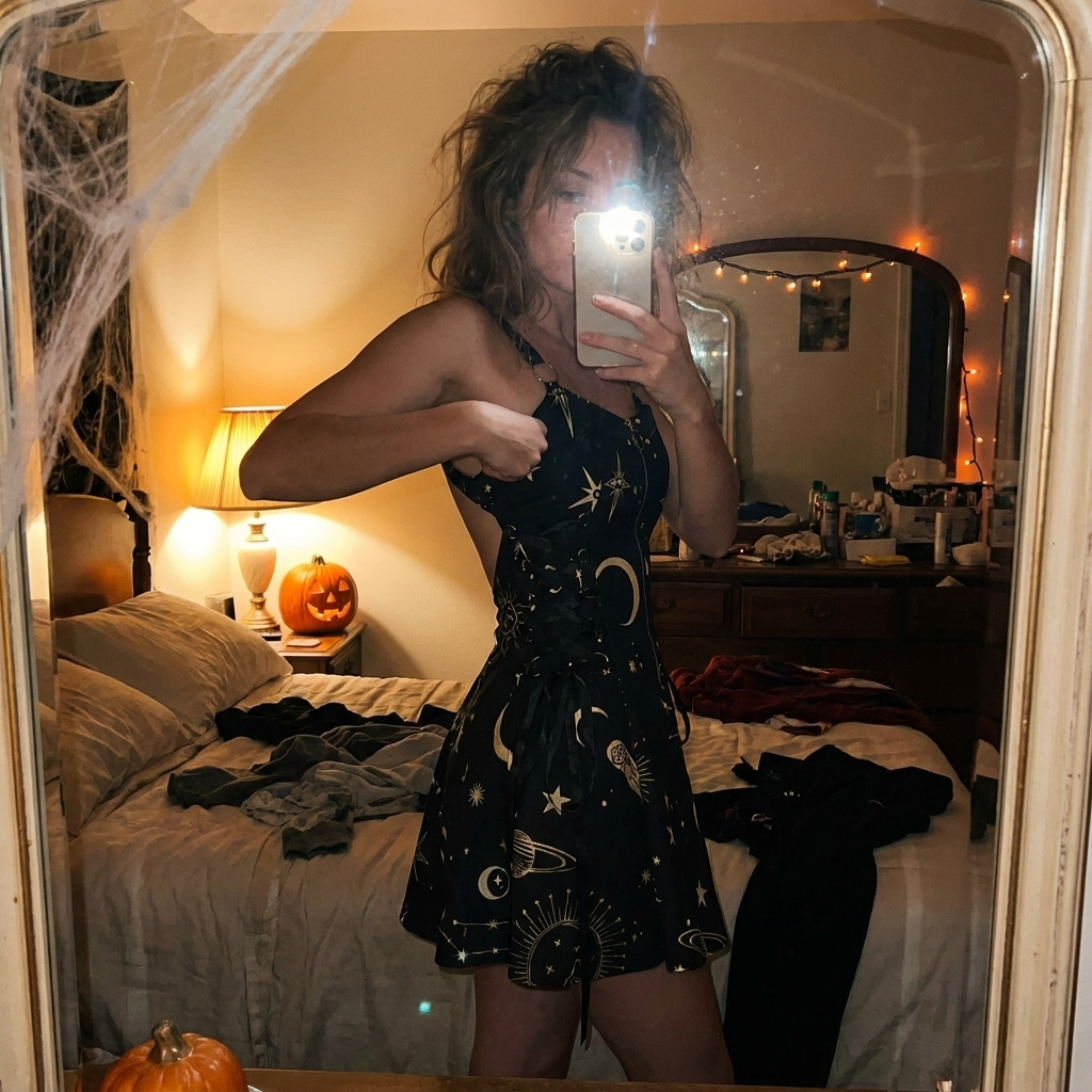 Mirror selfie wearing the backless Halloween mini dress