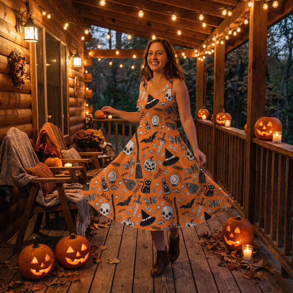 Pumpkin and skull midi dress on a decorated porch