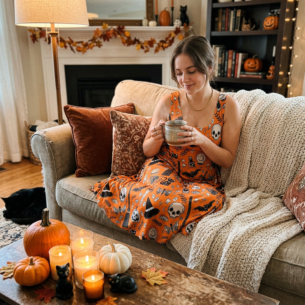 Cozy shot wearing the pumpkin and skull midi dress on a couch