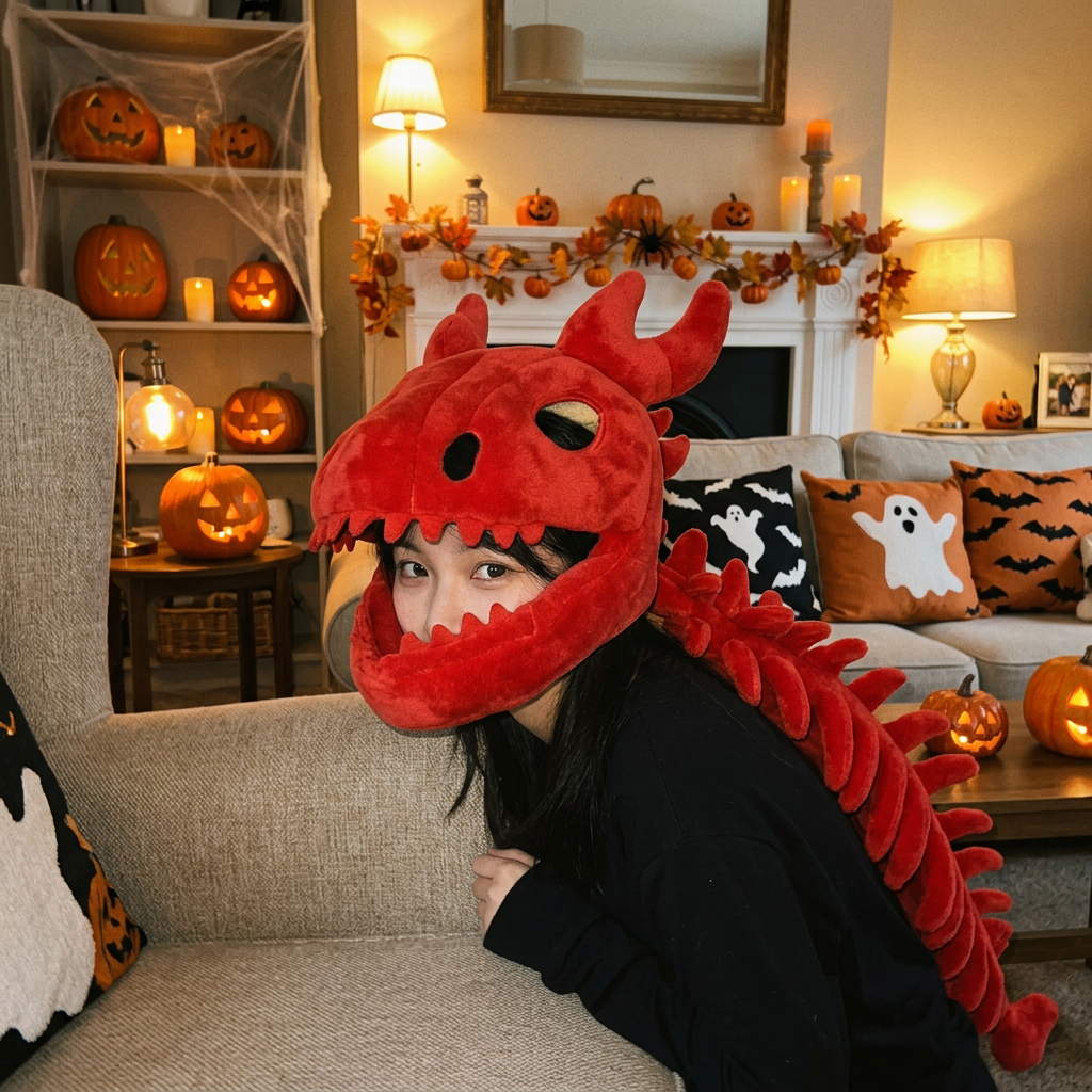 Close-up wearing the red dragon plush head hood