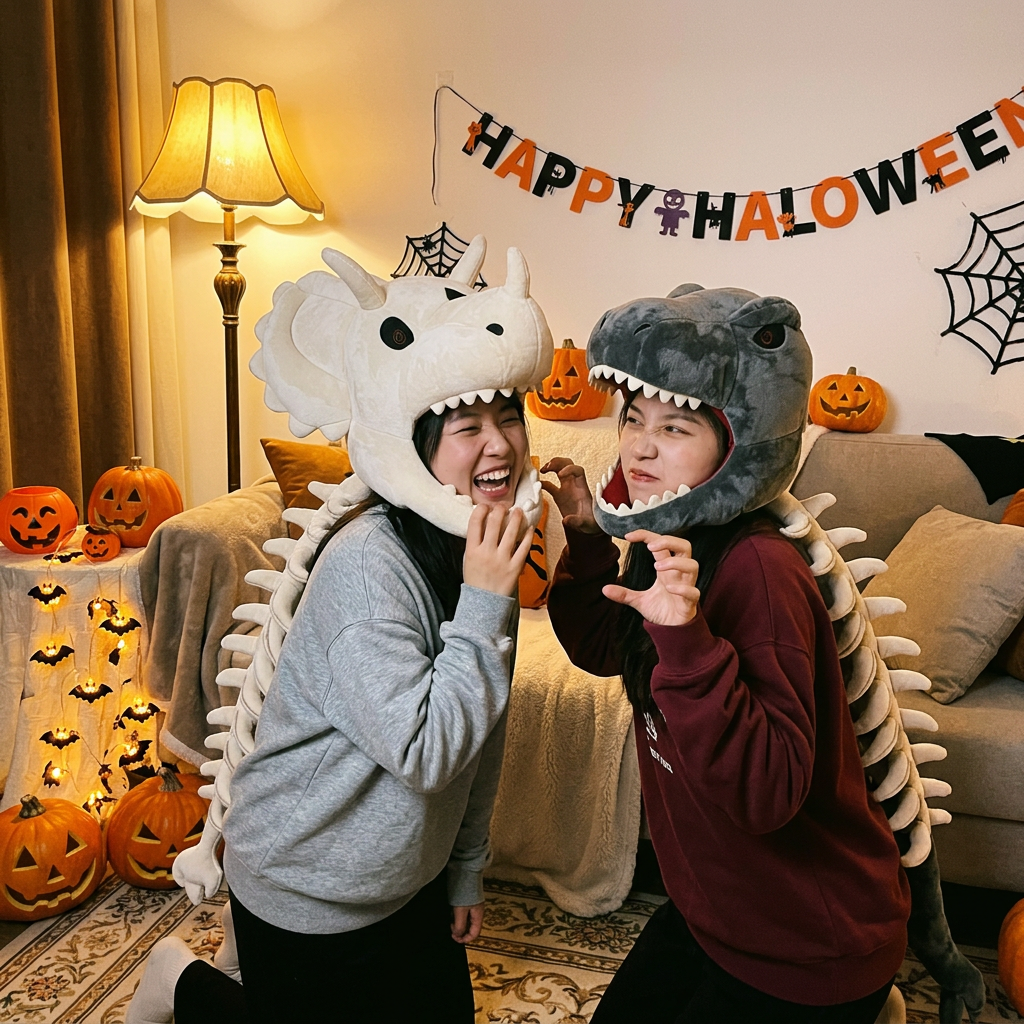 Two friends wearing dinosaur plush head hoods